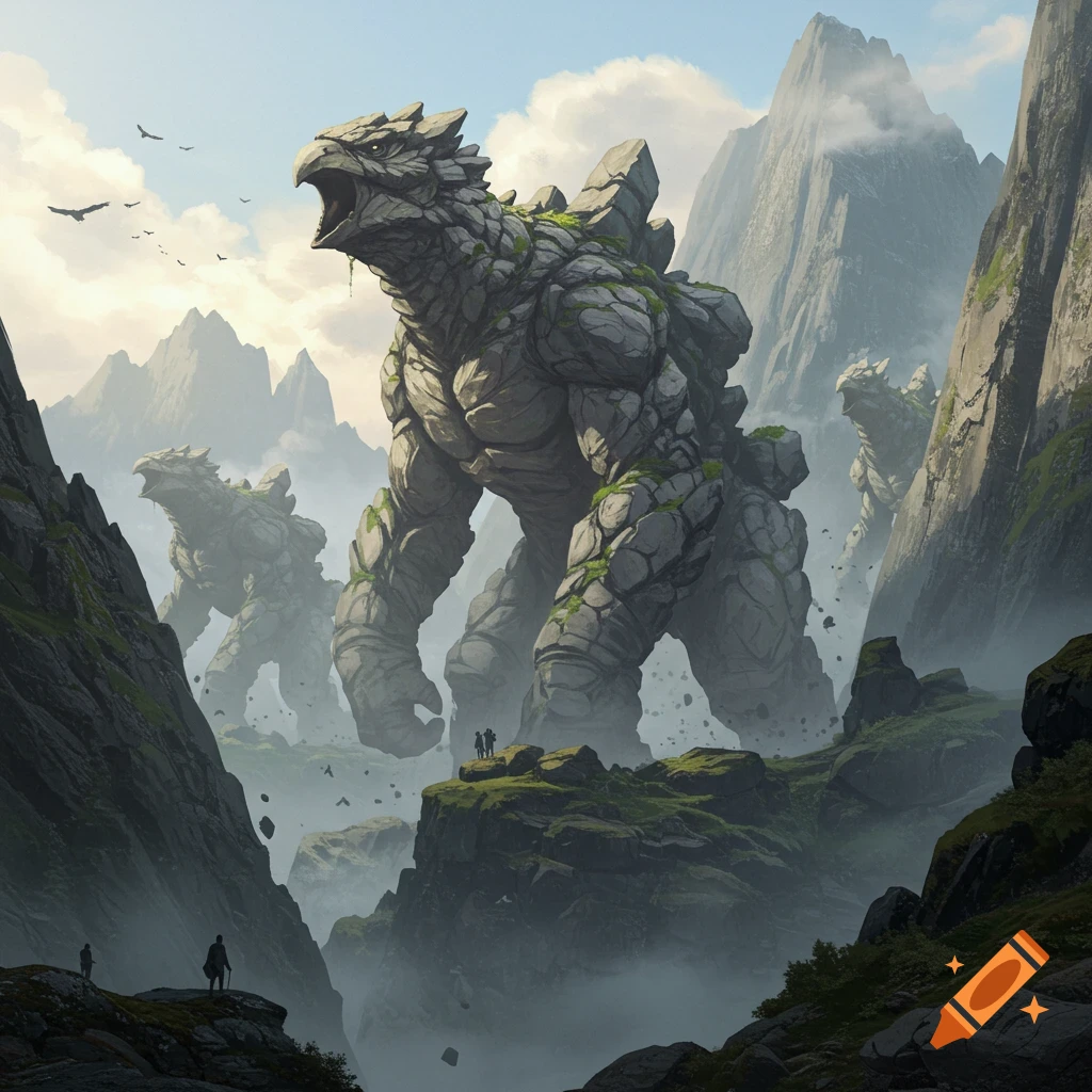 Gigantic rock monsters resembling birds roar in a misty mountain valley, with tiny human figures observing the scene. Digital painting.