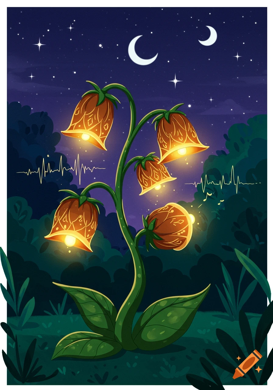 A whimsical plant with glowing, bell-shaped orange flowers stands in a dark forest at night under two crescent moons and stars, with musical waveforms.