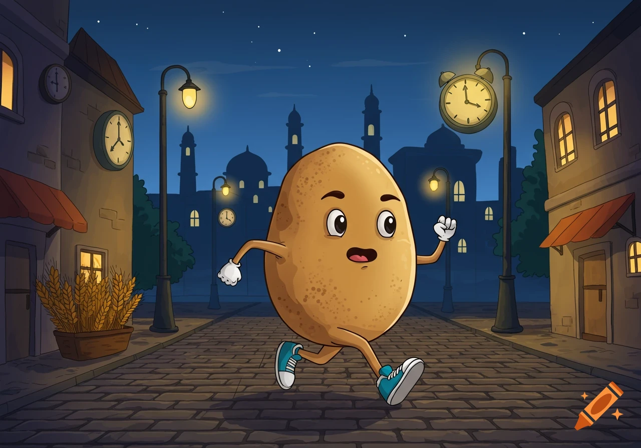 A cartoon potato character in blue sneakers runs down a cobblestone street at night, past lighted buildings and streetlamps.