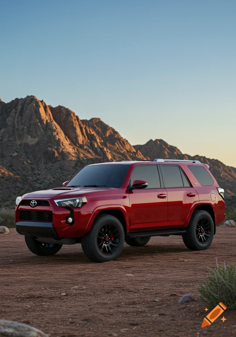 A red Toyota 4Runner SUV with black wheels is parked on a dirt road in a desert landscape with mountains under a clear sky.