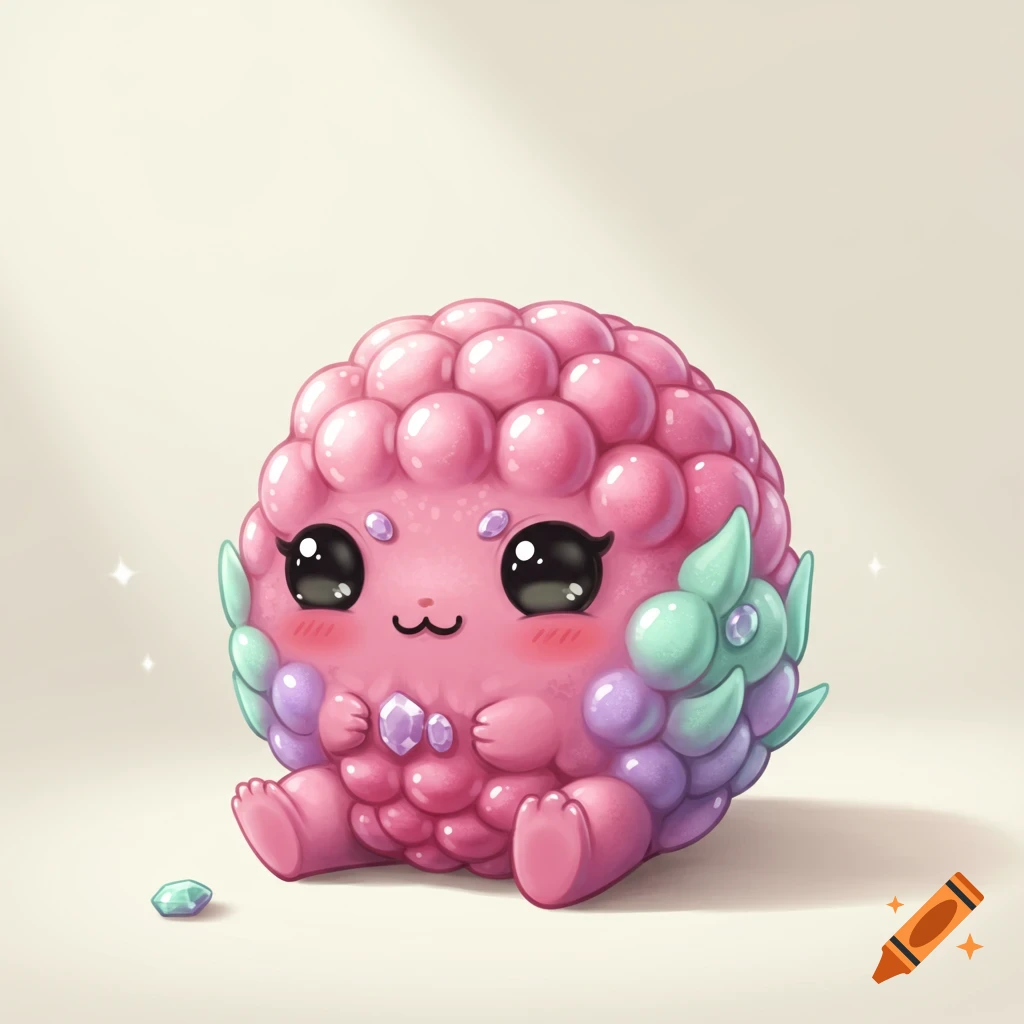 A cute, round, pink kawaii character, resembling a raspberry with shimmering pink, violet, and mint green scales, big glossy eyes, rosy cheeks, and a tiny gem beside it.