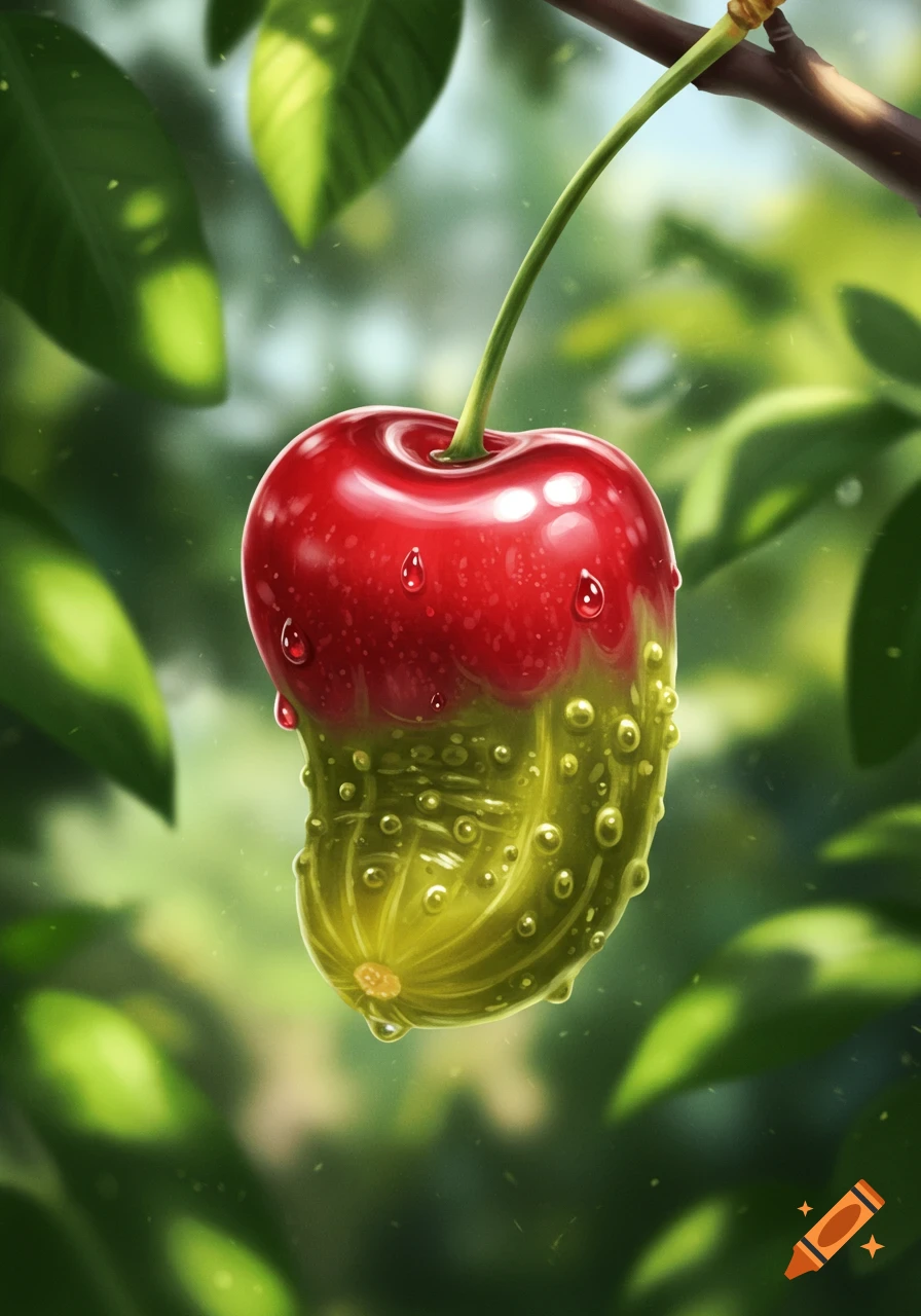 A vibrant red cherry top blended with a bumpy green pickle base, hanging from a branch with water droplets, against a soft green background.