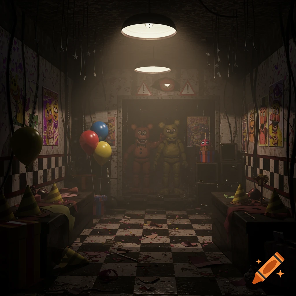 A dark, dilapidated party room with two animatronic bears standing in a doorway, surrounded by balloons, party hats, and scattered debris.