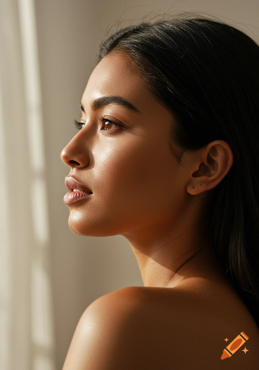 Close-up photorealistic profile of a beautiful woman with glowing skin, lit by natural light.