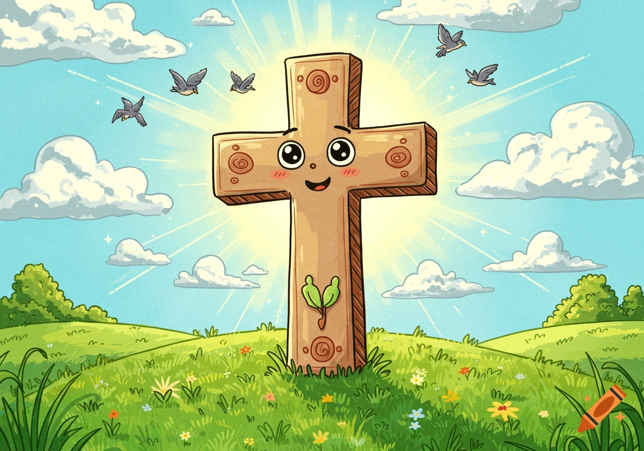 A cheerful cartoon cross with a smiling face stands in a sunny green field with birds and clouds.