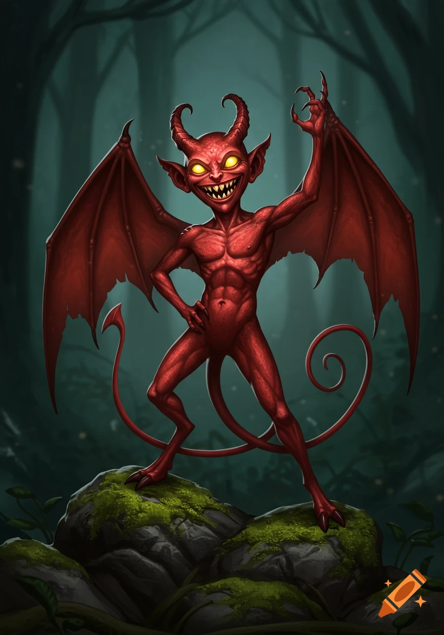 A mischievous red imp with horns, bat wings, and glowing yellow eyes stands on a mossy rock in a shadowy forest, grinning.