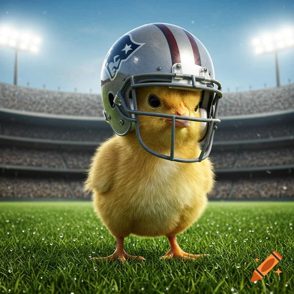 A fluffy yellow baby chick wearing a silver New England Patriots football helmet stands on a dewy green grass field in a stadium.