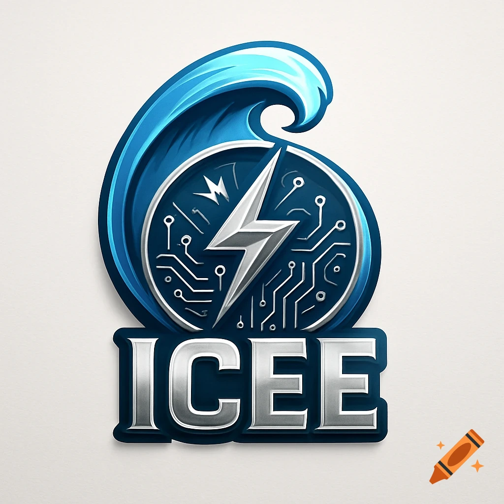 A sleek 3D logo with a blue wave, a circular emblem featuring a silver lightning bolt and circuit traces, and the word 'ICEE' in silver.