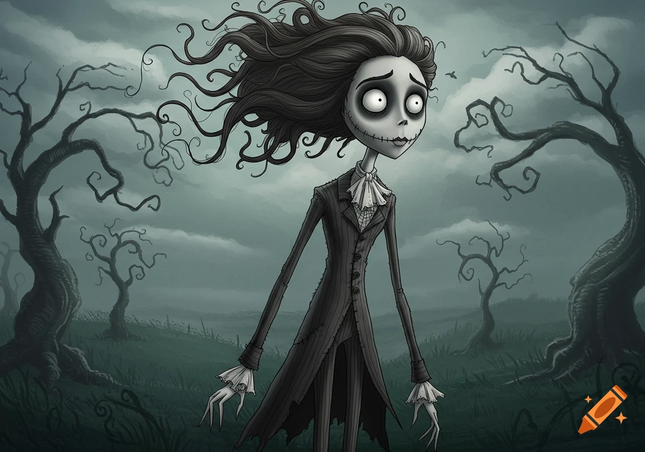 A pale, thin character in Tim Burton style with big eyes and wild hair, wearing a pinstriped coat, in a gothic landscape with twisted trees.