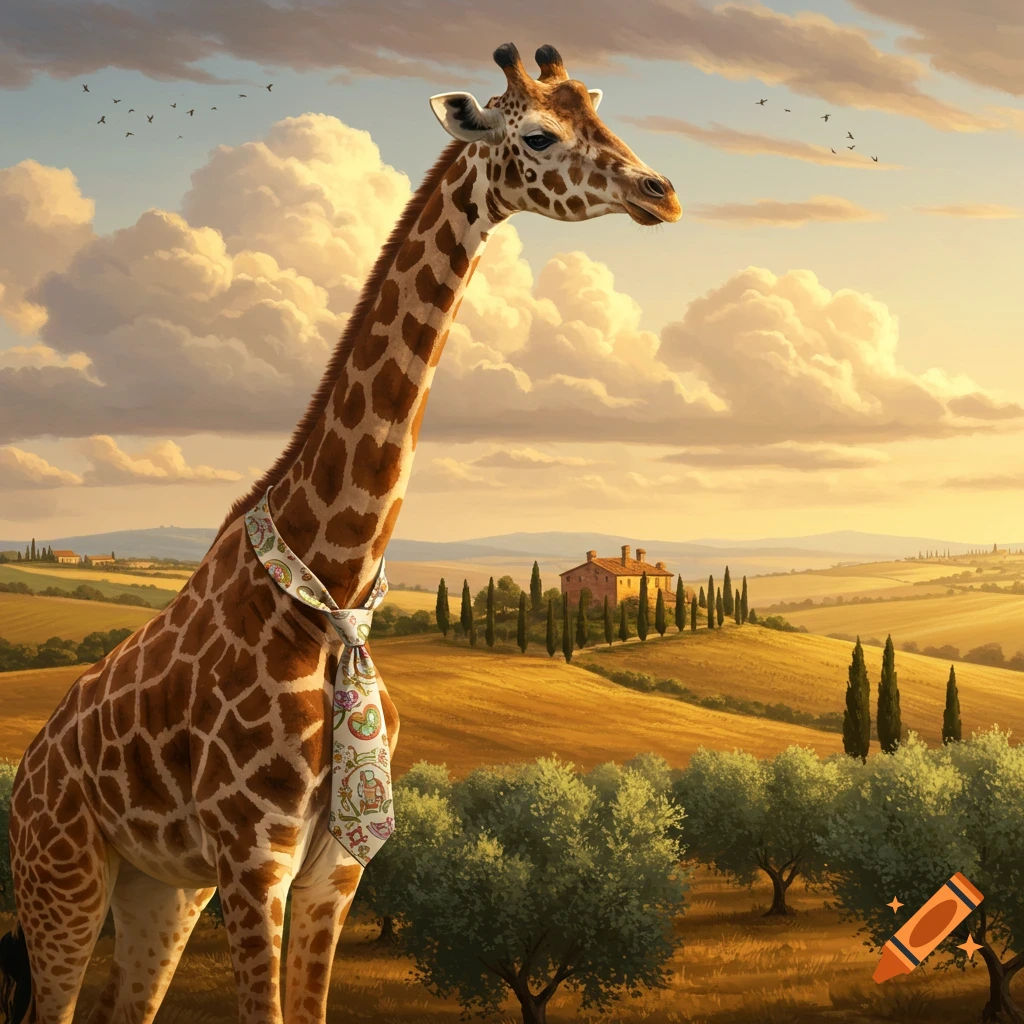 A giraffe wearing a patterned tie stands in a sunny, golden Tuscan landscape with rolling hills, cypress trees, and a farmhouse.