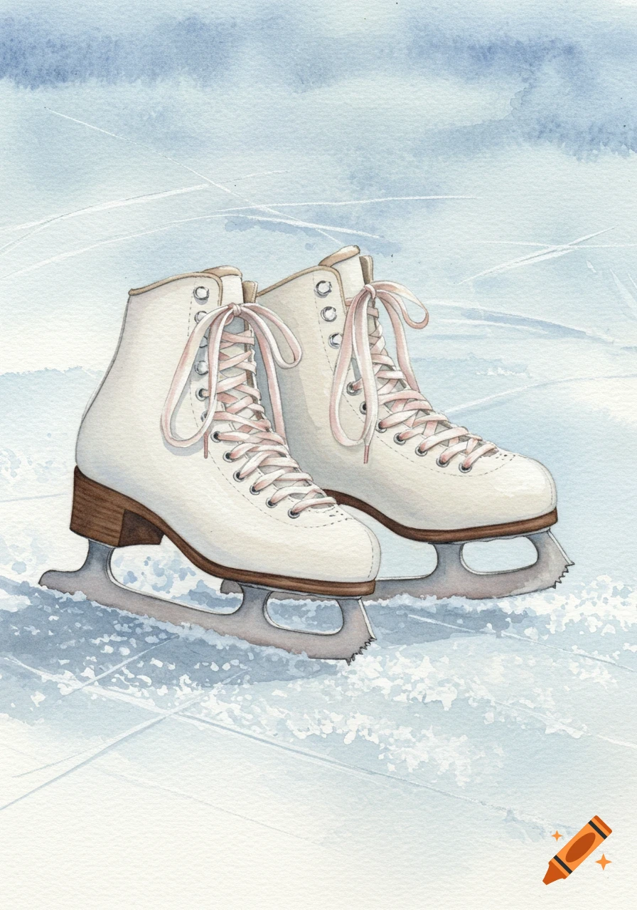 Watercolor illustration of a pair of white figure skates with pink laces on a light blue ice surface, showing skate marks.