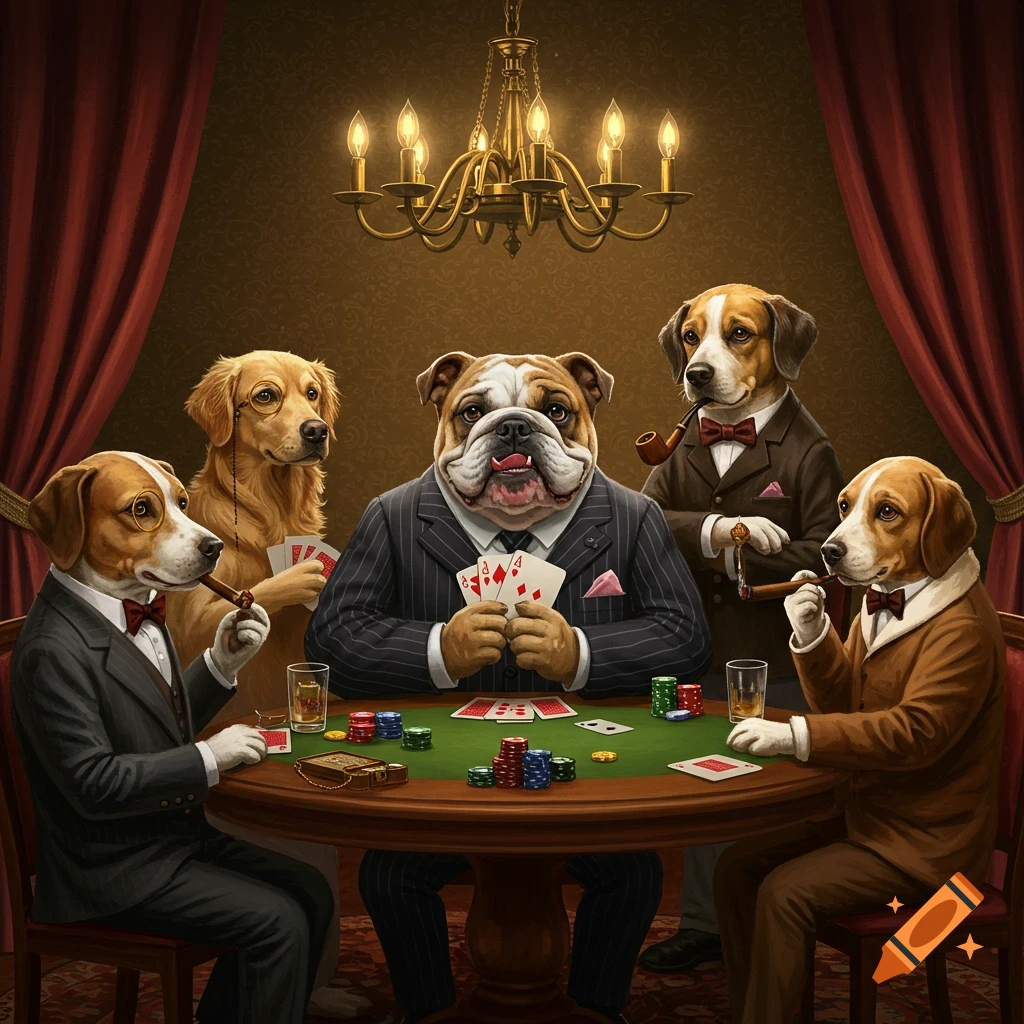 Five dogs in suits playing poker around an ornate wooden table in a dimly lit, richly decorated room, painting style.