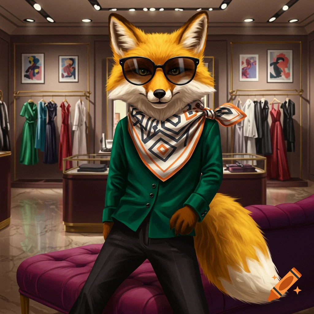 An anthropomorphic fox wearing a green jacket, scarf, and sunglasses stands in a fashion boutique.