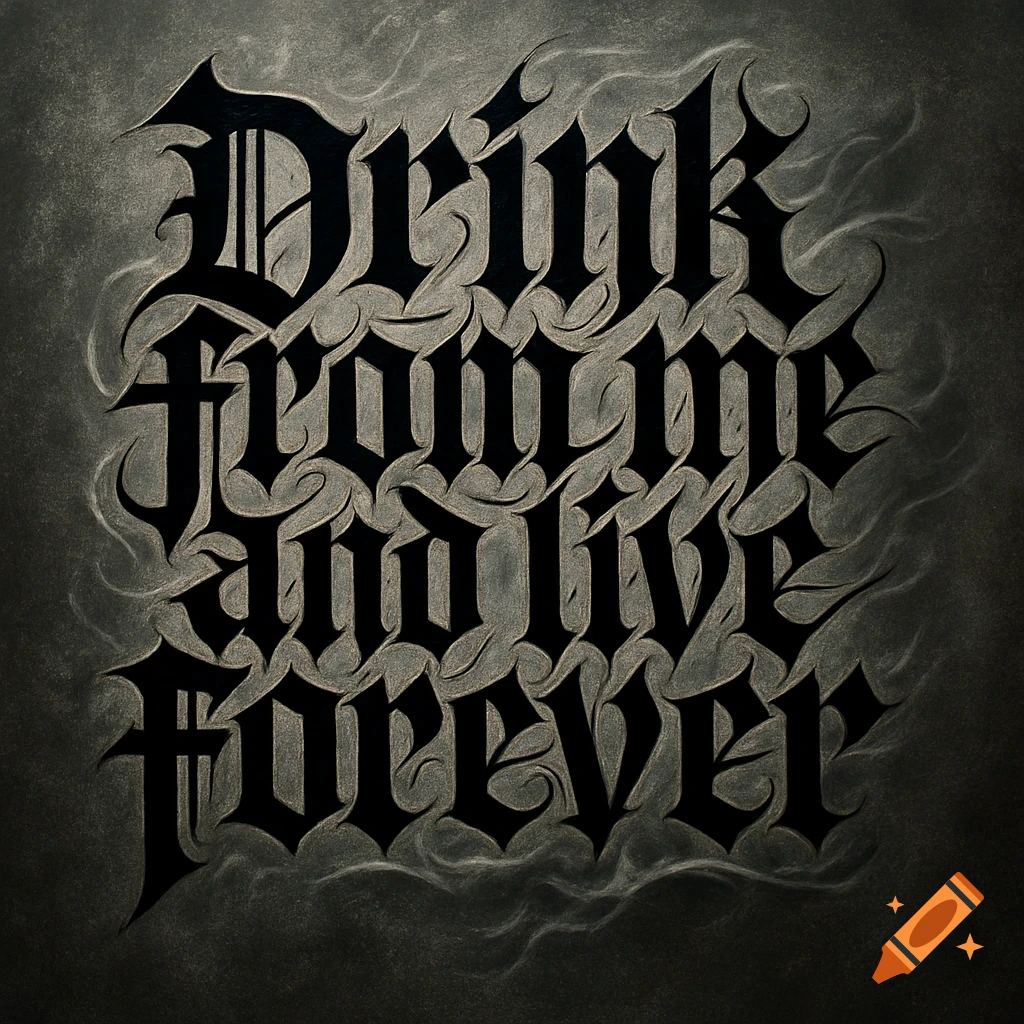 Blackletter gothic calligraphy spells "Drink from me and live forever" on a dark, textured background.