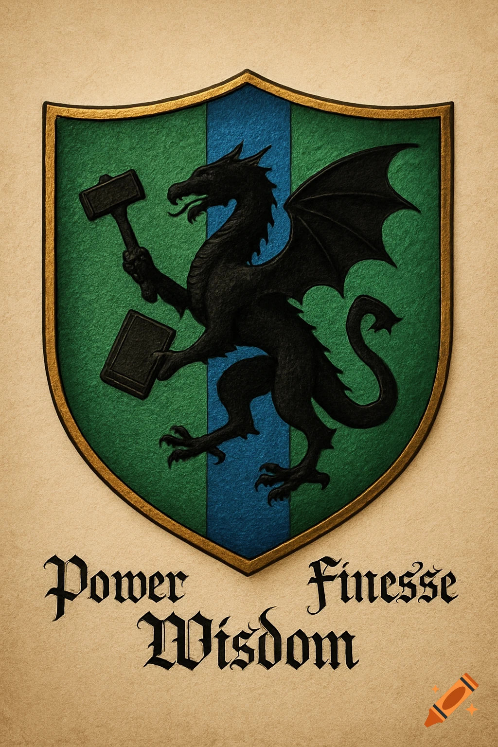 A coat of arms featuring a black dragon holding a hammer and a book on a green and blue shield, with the words 'Power Finesse Wisdom' below.