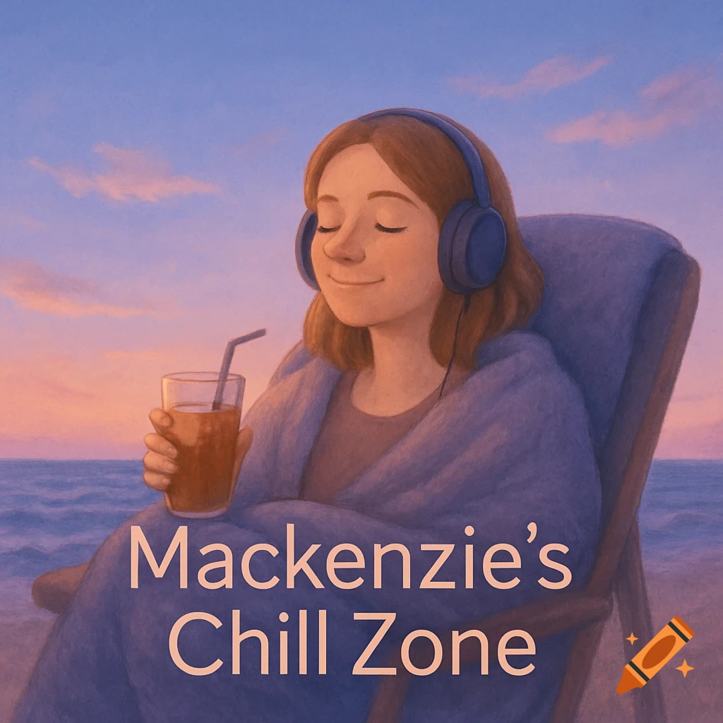 Illustration of a woman with headphones relaxing on a beach chair at sunset, holding a drink, with 'Mackenzie's Chill Zone' text.