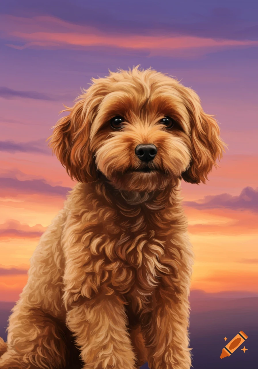 An illustration of a fluffy brown cockapoo dog looking directly at the viewer, set against a vibrant purple and orange sunset sky.