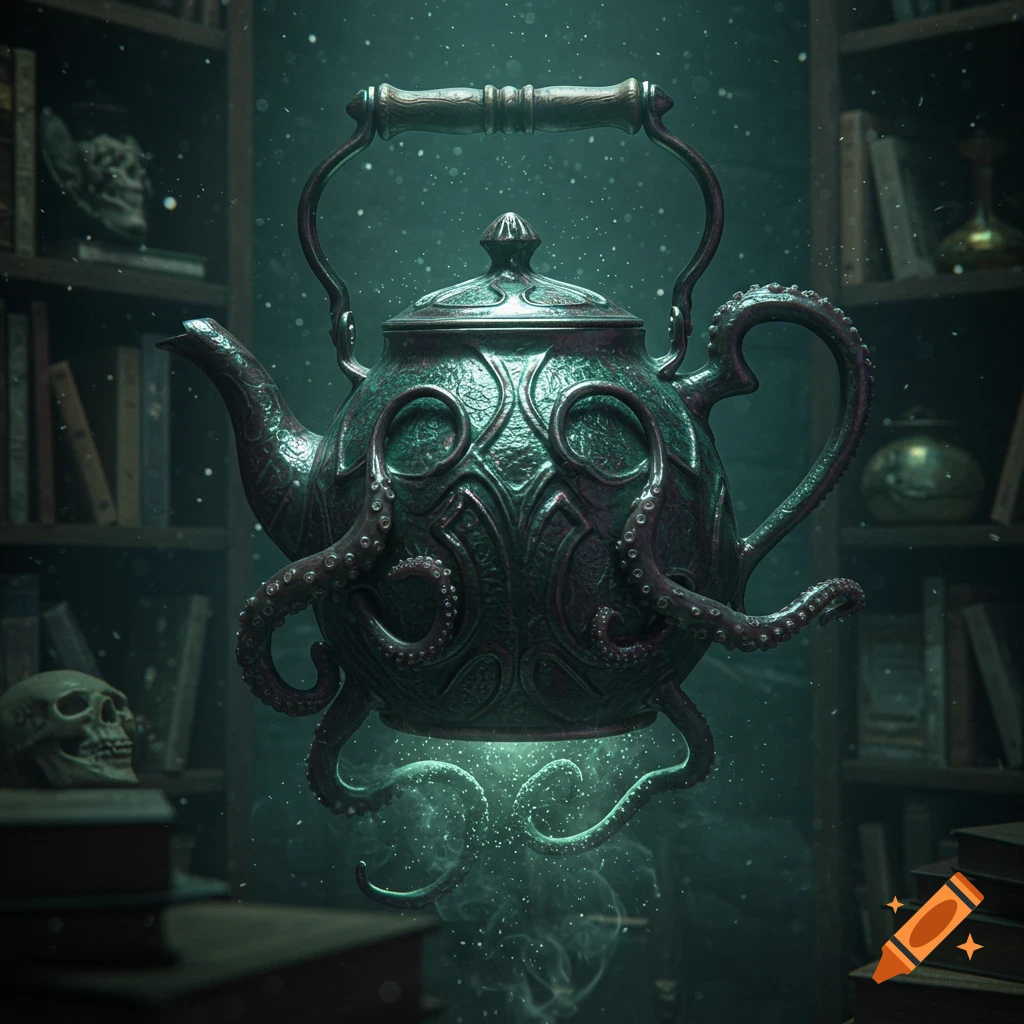 An ornate, dark teal tea kettle with octopus tentacles glows mysteriously in a dim, dusty library with books and a skull.