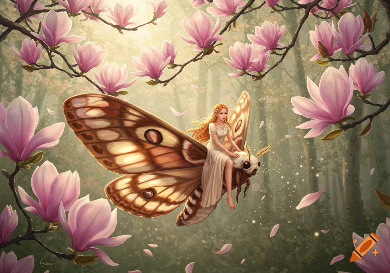 A beautiful girl with long blonde hair rides a giant Polyphemus moth through a dreamy magnolia forest.