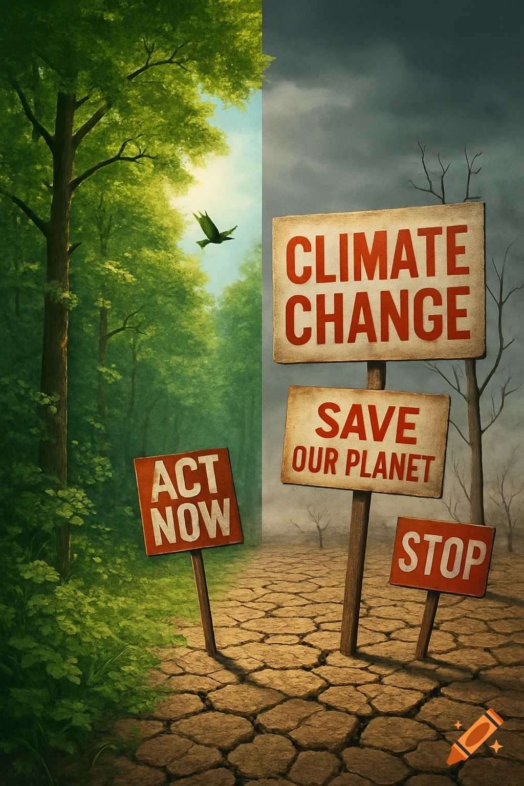 A split image shows a vibrant forest on one side and a dry, cracked desert on the other, with signs reading 'Climate Change', 'Save Our Planet', 'Act Now', and 'Stop'.