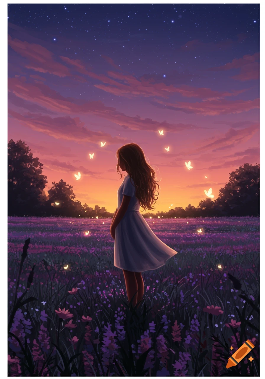 Illustration of a girl in a lavender field, gazing at a vibrant sunset sky with glowing butterflies under a starry night.