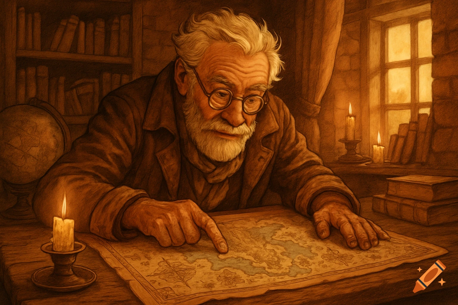 An old, bearded man with glasses intently studies a detailed map on a wooden table, lit by candlelight in a cozy, book-filled room. Illustration.