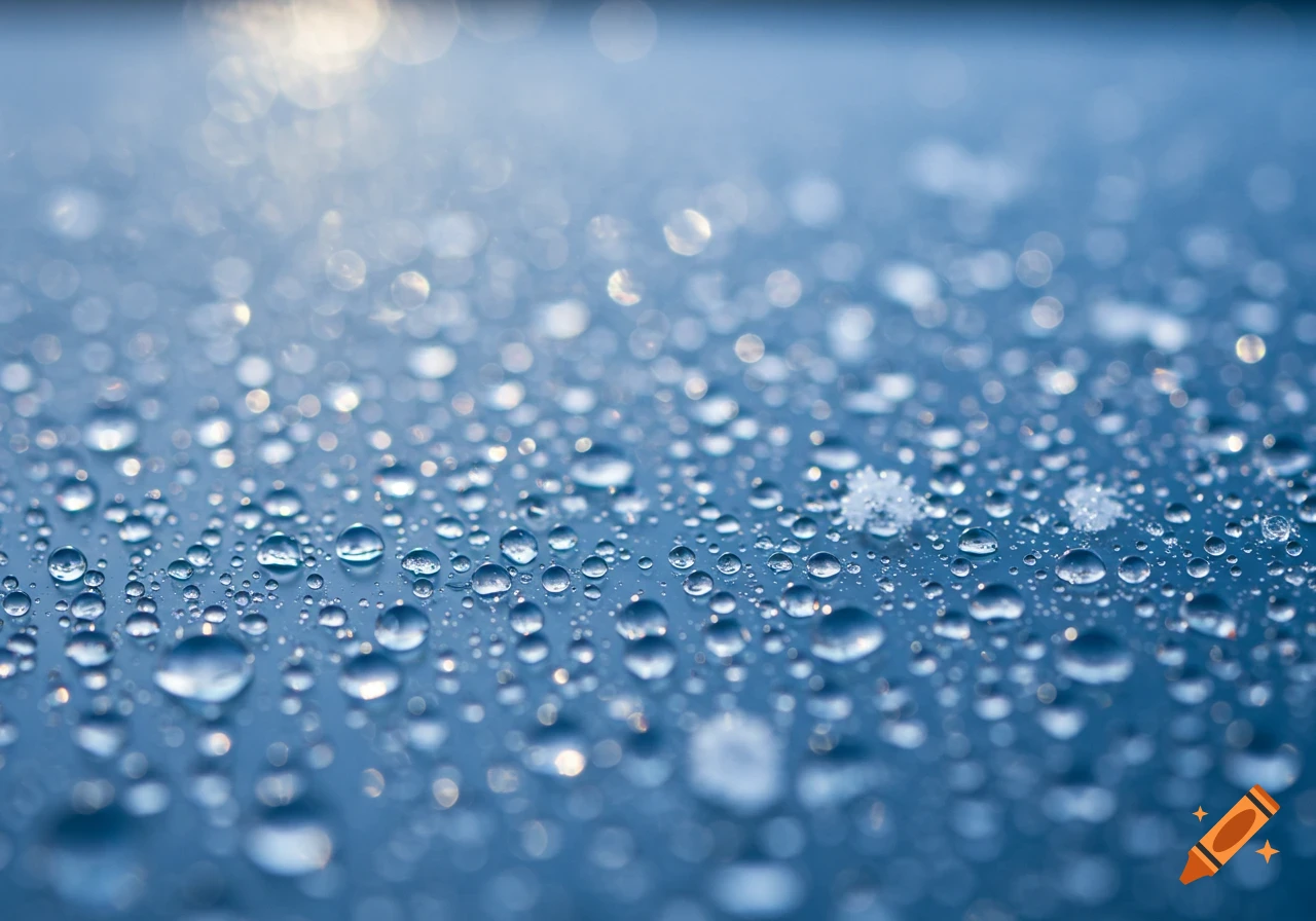 Close-up of sparkling water and snow drops on a blue surface with bokeh background.