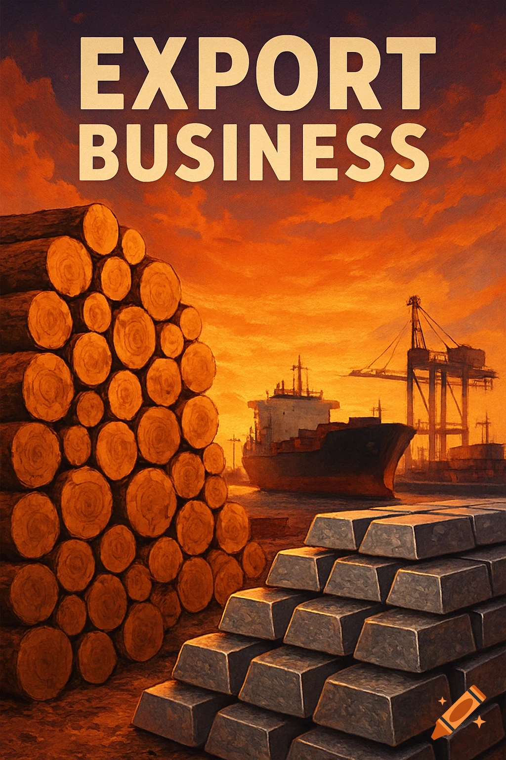 A stylized poster showing stacks of wood logs and metal ingots in the foreground. A cargo ship and cranes are at a port in the background under an orange sunset sky. Text reads "EXPORT BUSINESS".