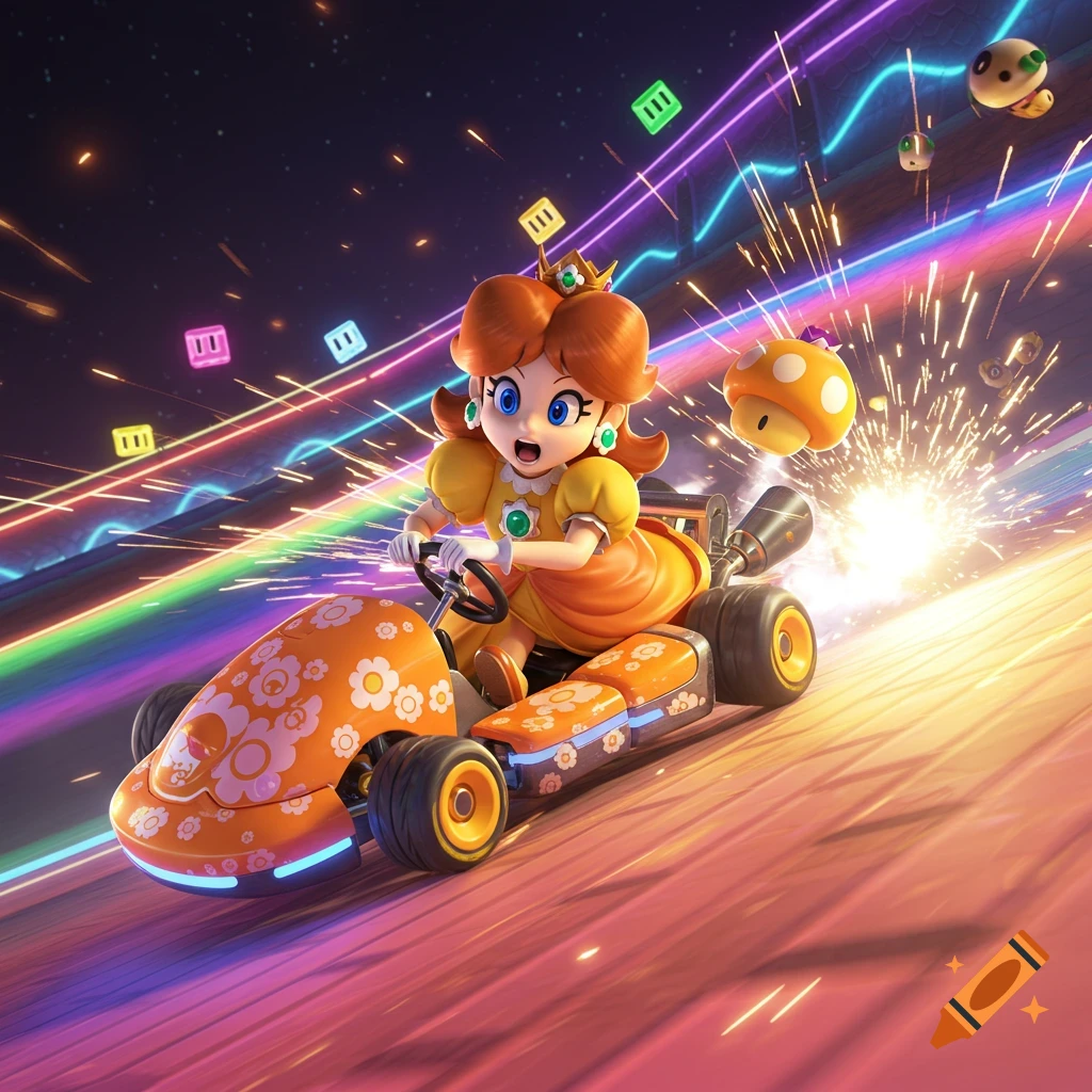 Princess Daisy in a bright orange kart races on a vibrant, neon-lit track with sparks flying, under a starry sky.