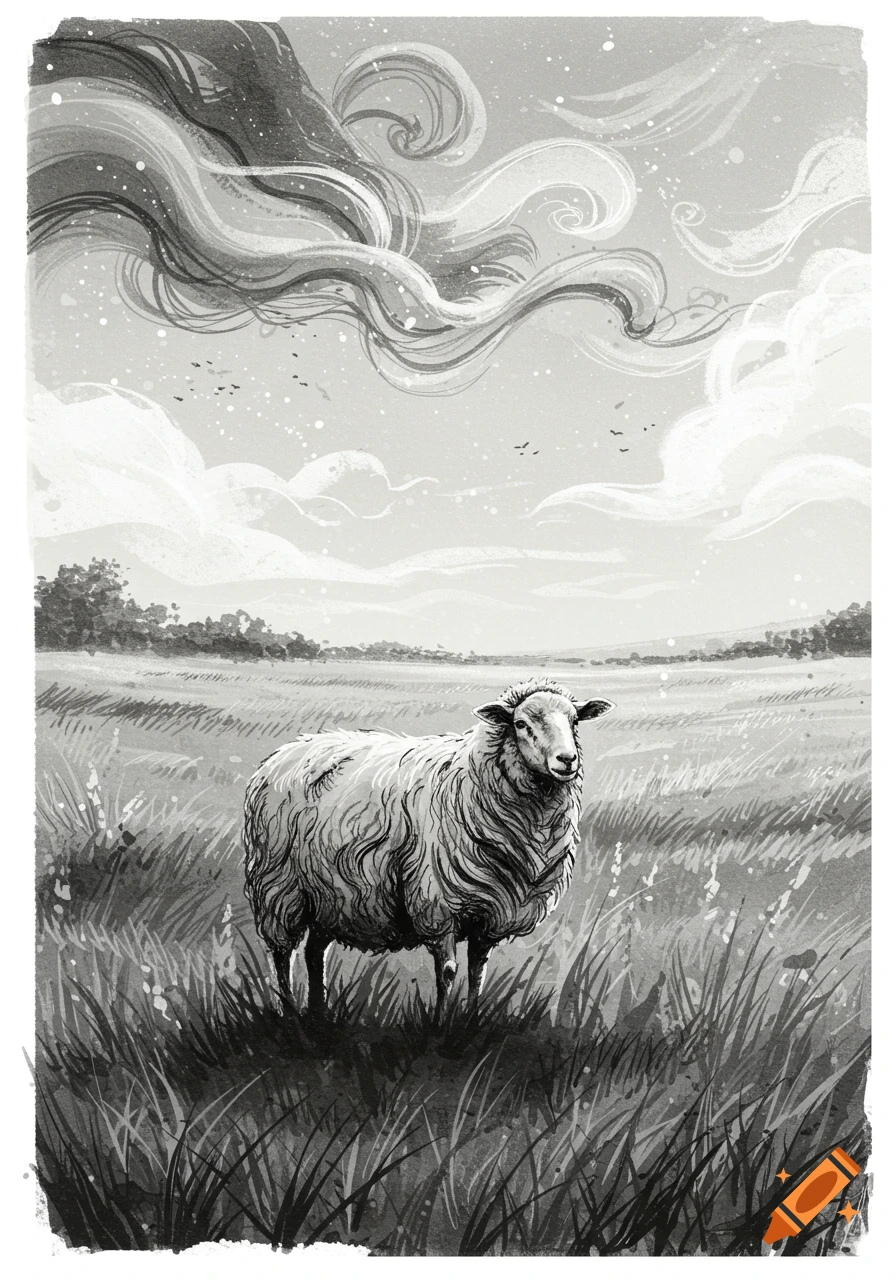 Black and white ink drawing of a sheep standing in a grassy field under an abstract, cloudy sky.