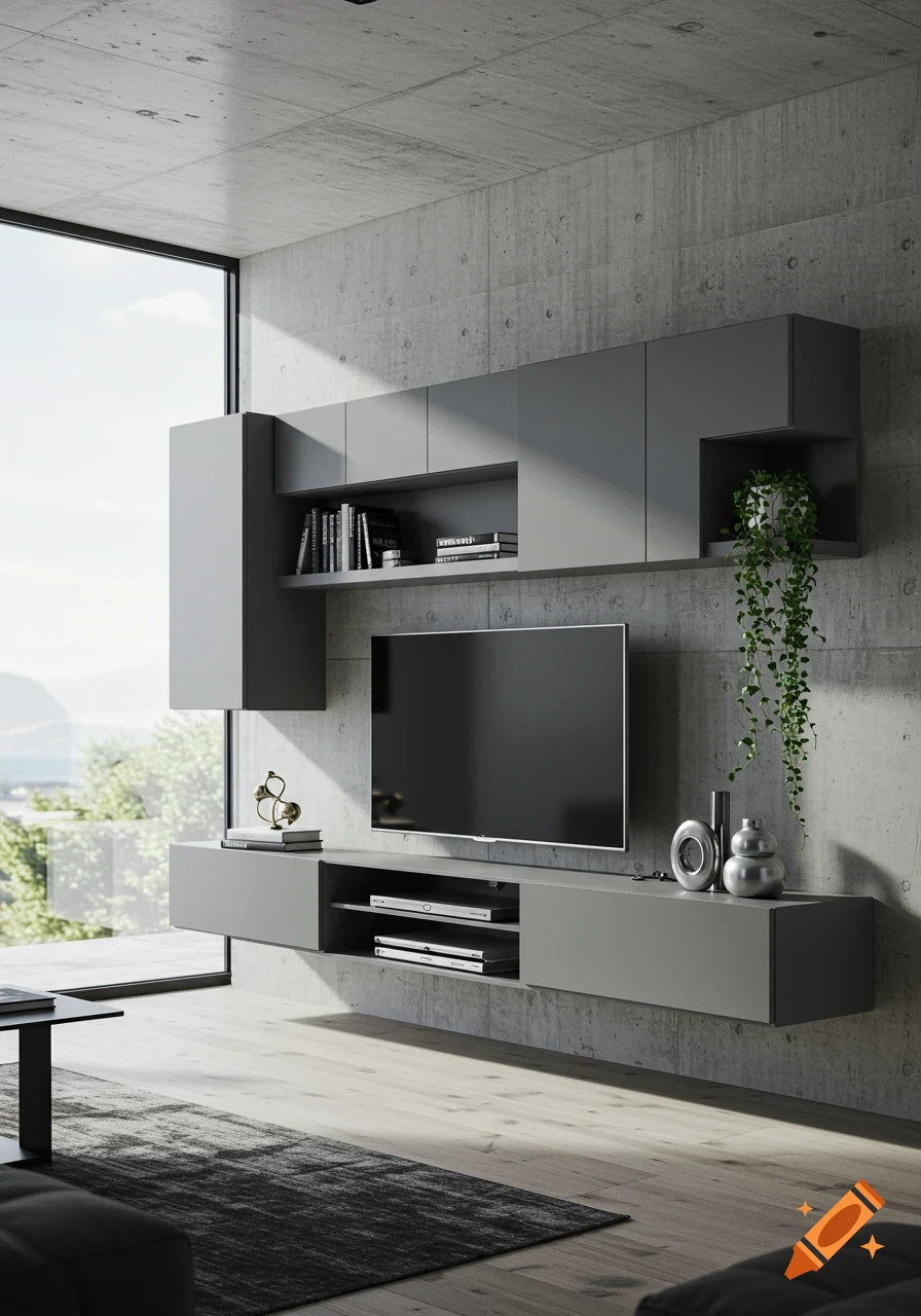 Modern living room with a wall-mounted gray TV unit, concrete walls, wooden floor, and large window overlooking greenery.