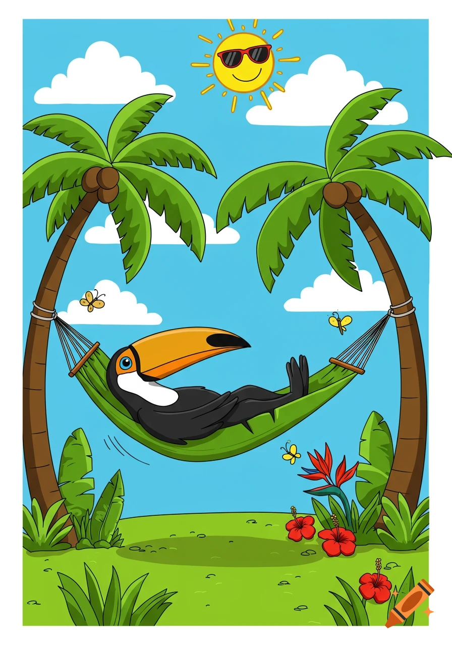 Cartoon toucan in sunglasses relaxing in a green hammock between two palm trees on a sunny tropical beach.