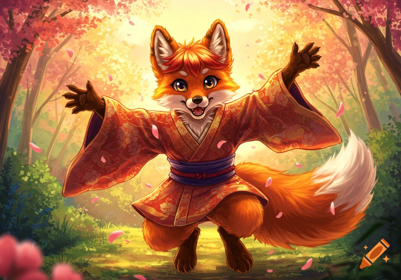 A cheerful anthropomorphic fox in a red floral kimono with arms spread wide, jumping amidst pink petals in a sunny anime forest.