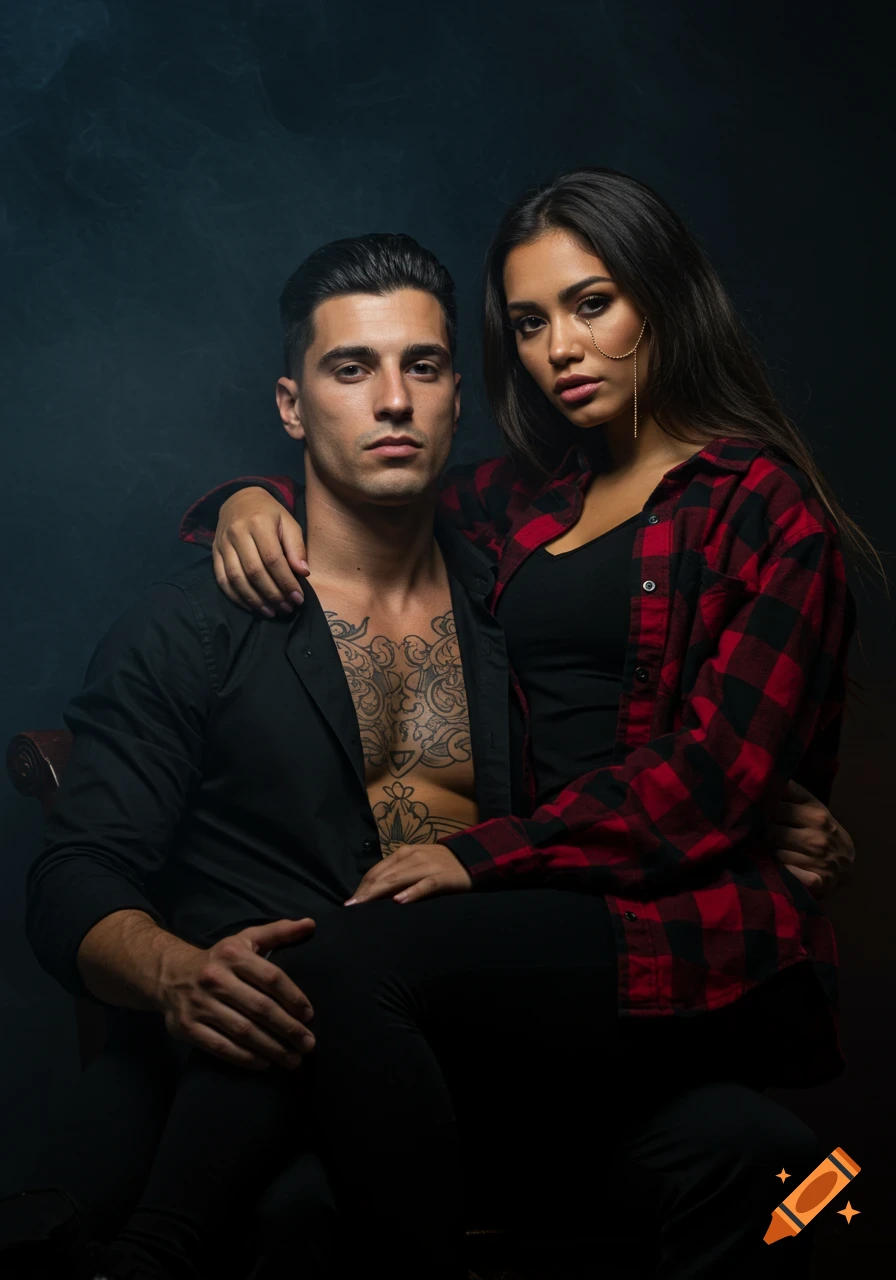 Photorealistic portrait of a man with chest tattoos and a woman in flannel sitting on his lap, against a dark, smoky background.