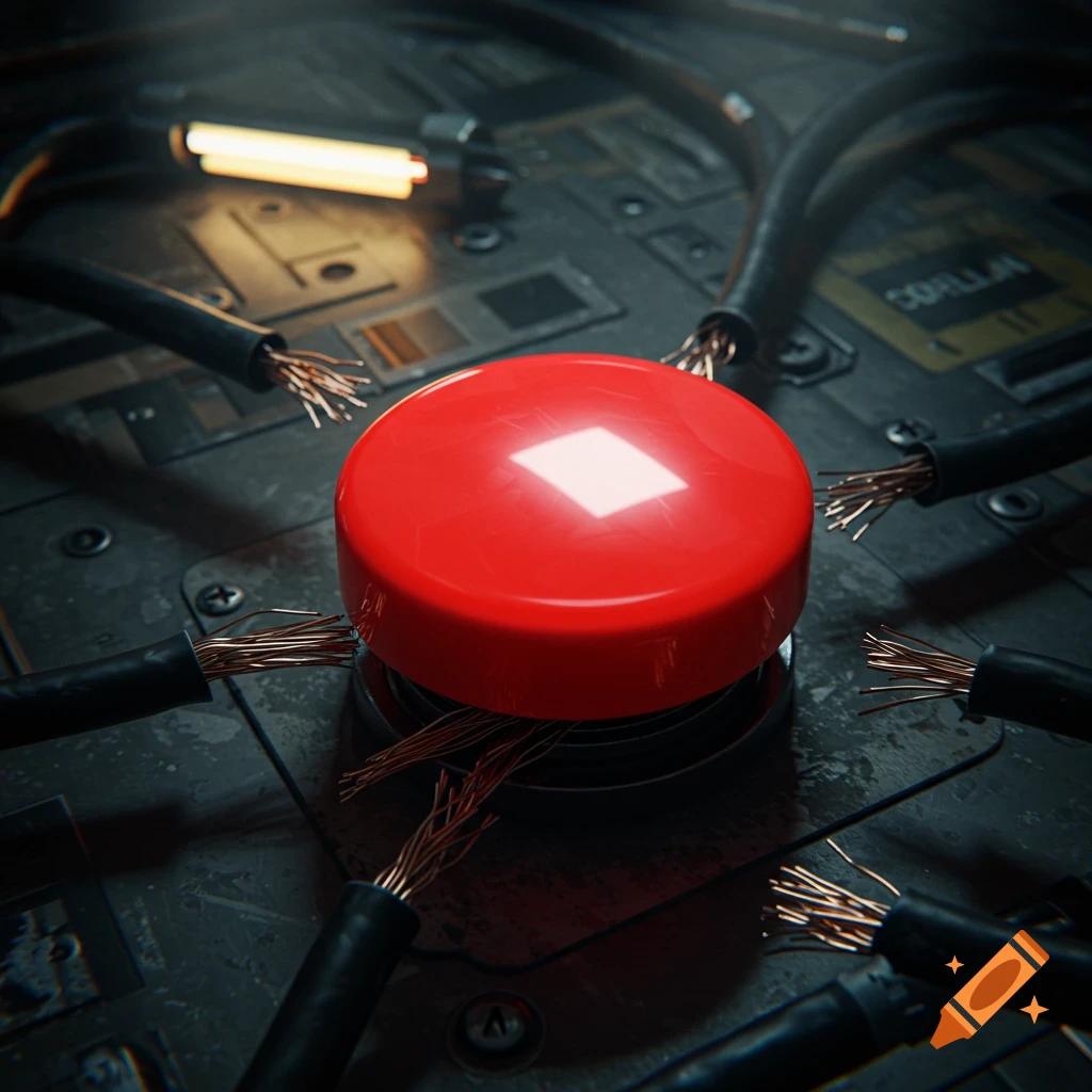 Close-up of a red button with cut, exposed wires on a dark metallic industrial panel.