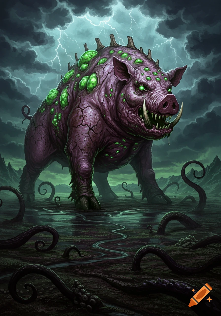 A large, grotesque, purple pig monster with green glowing eyes and growths stands in a dark, stormy, tentacled swamp.