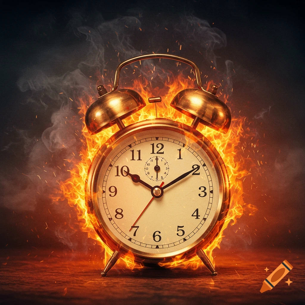 A golden alarm clock is engulfed in bright orange flames and smoke on a dark surface, with its hands showing the time.