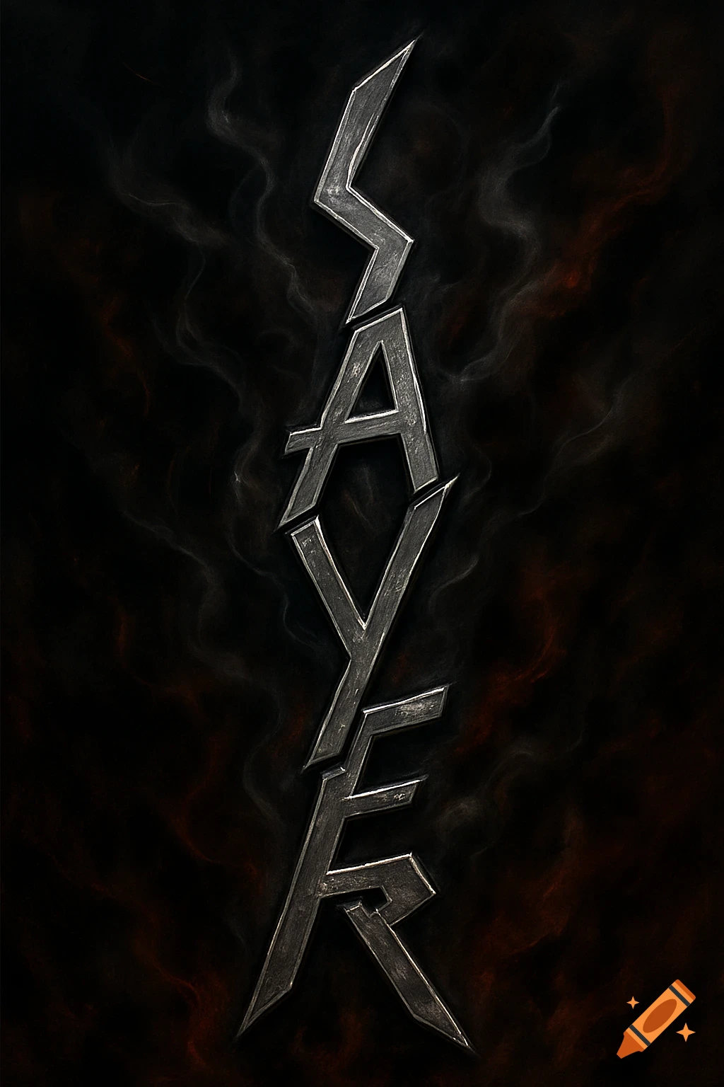 Vertical Slayer band logo in a dark, metallic, stylized font on a smoky black and red background.