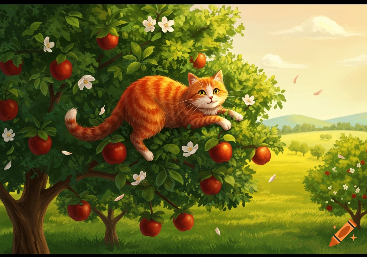 An orange tabby cat rests in a lush green apple tree with red apples and white blossoms, in a sunny countryside illustration.