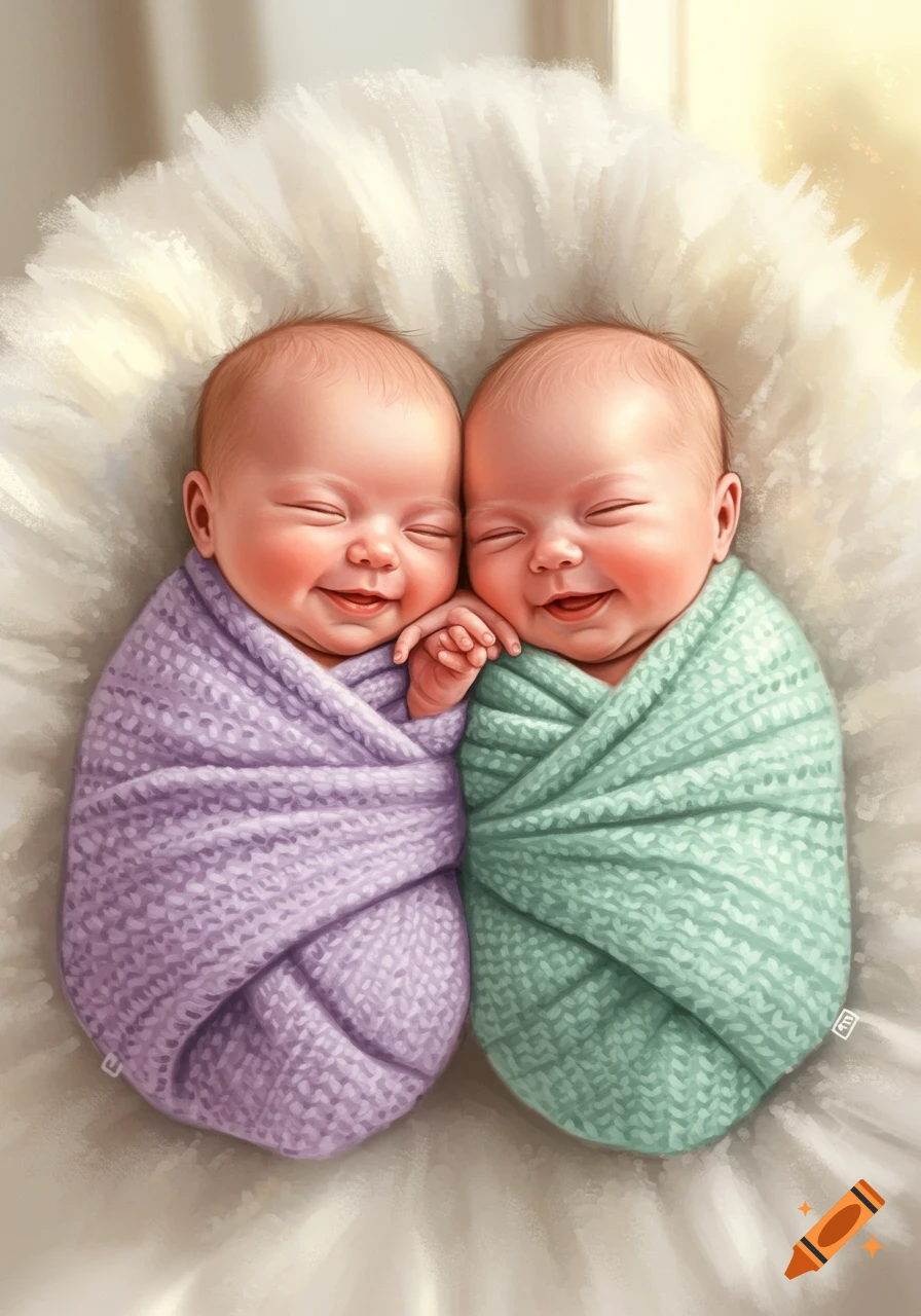 Two smiling, swaddled twin babies, one in purple and one in green, lie happily in a fluffy white bed in a digital art style.