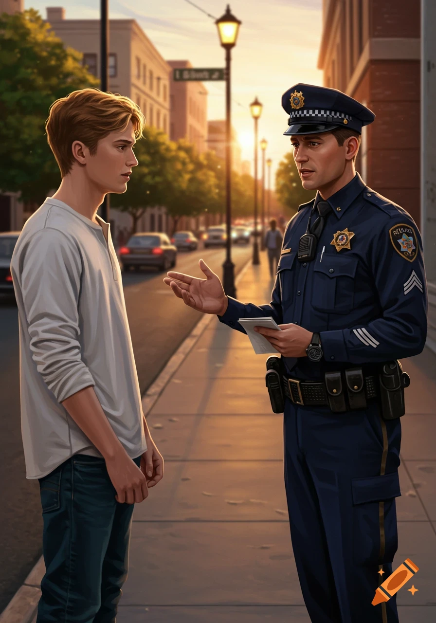 A stylized image of a young man talking to a police officer on a city sidewalk during sunset, with cars and buildings in the background.