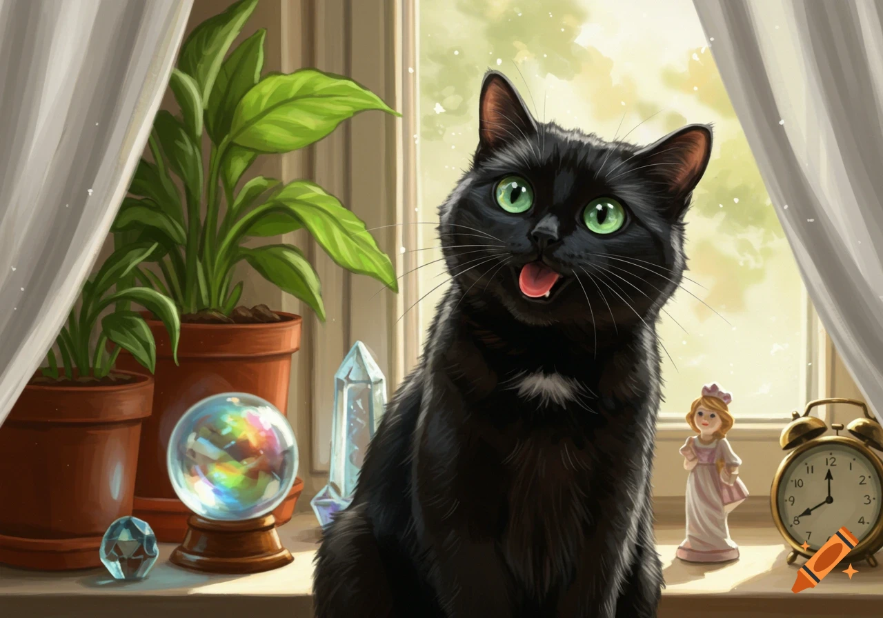 A black cat with bright green eyes and tongue out sits on a sunlit windowsill next to plants, crystals, and an alarm clock in a painterly style.