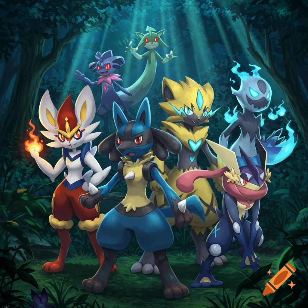 Cinderace, Lucario, Greninja, Zeraora, Meowscarada, and Ceruledge, a group of six colorful Pokémon characters, stand together in a mystical, dark forest with light rays shining through the trees, in an anime art style.