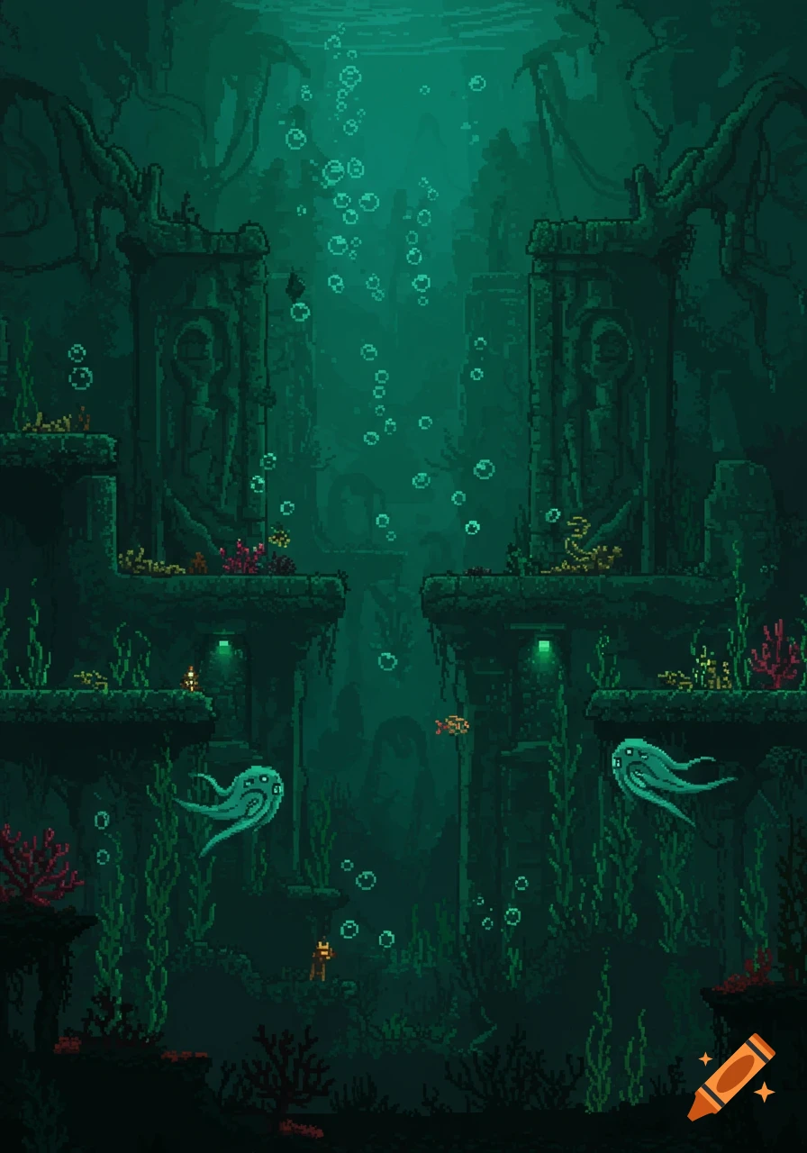 A dark pixel art underwater scene featuring ancient ruined structures, glowing flora, bubbles, and two large ghostly squid-like creatures.