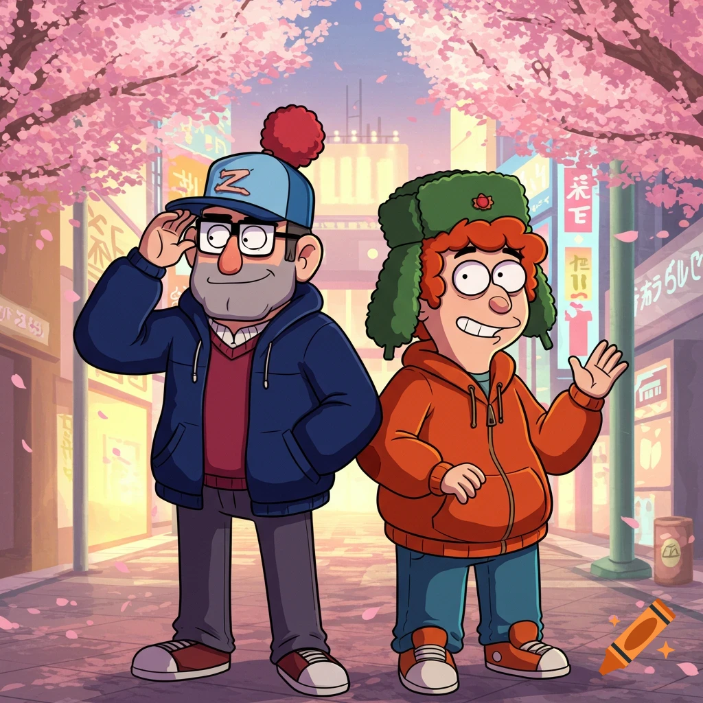 Animated men resembling Stan and Kyle in an anime style stand on a cherry blossom street.