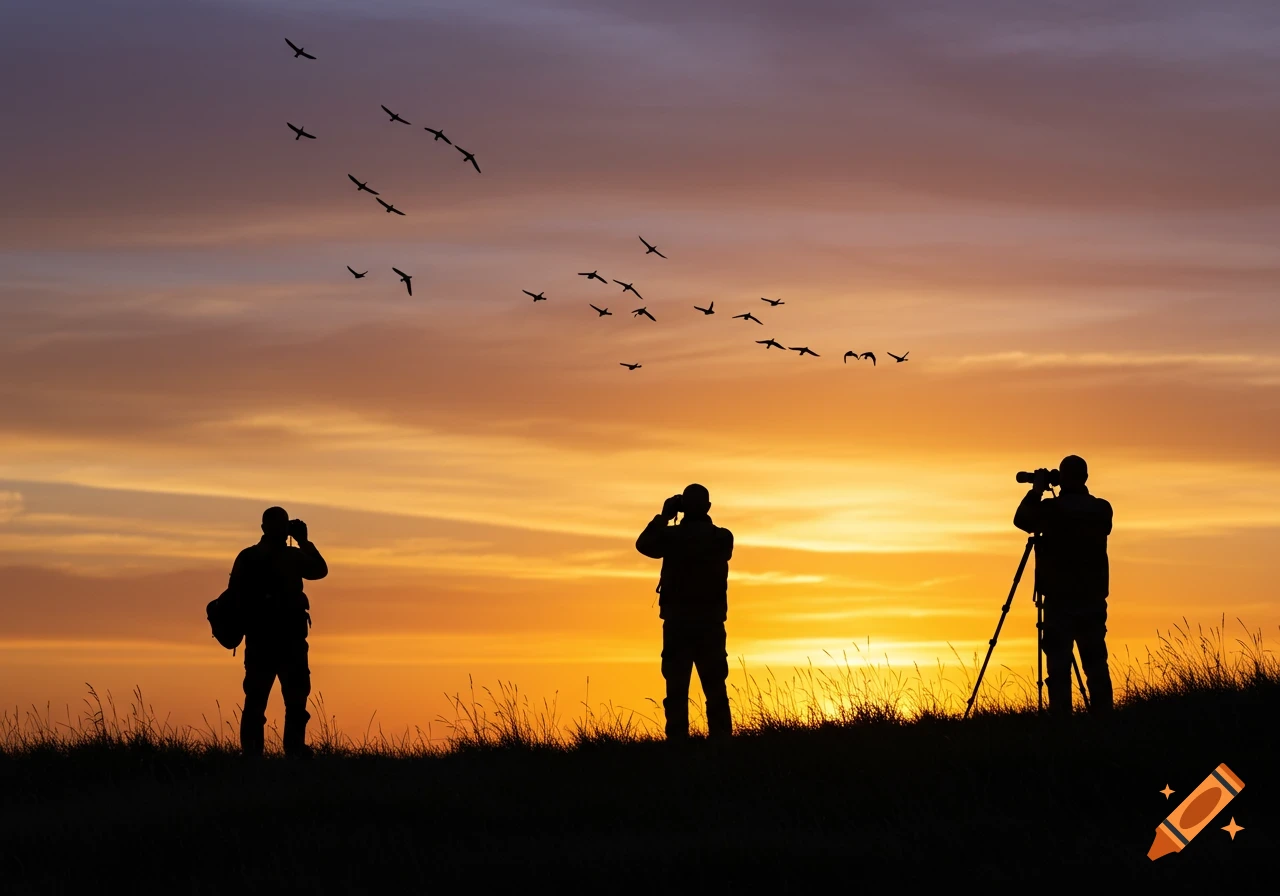 Three bird watchers silhouetted against a vibrant orange and purple sunset sky, with a flock of birds flying overhead.