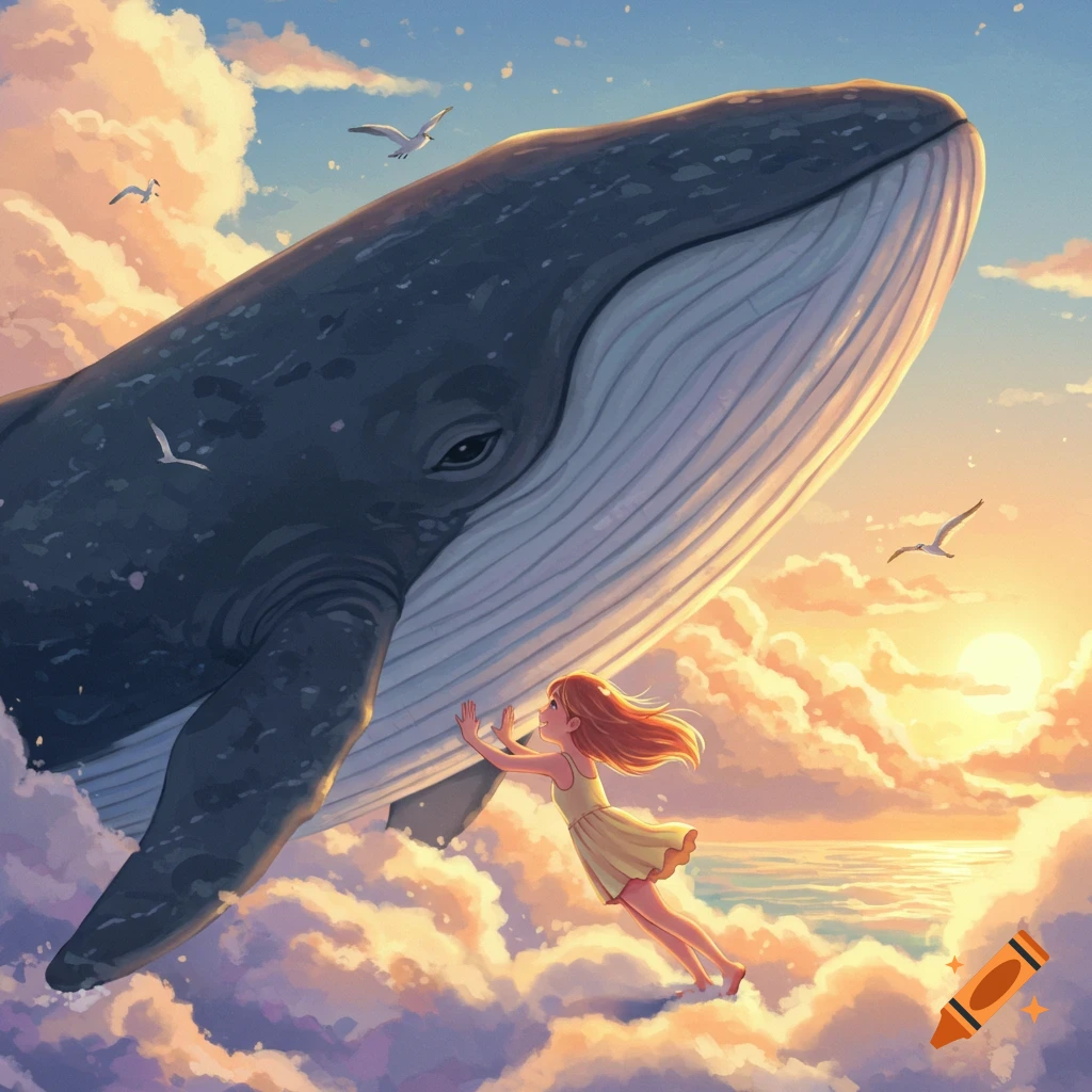 An animated girl with red hair flies through sunset clouds, reaching out to a giant blue whale swimming in the sky.