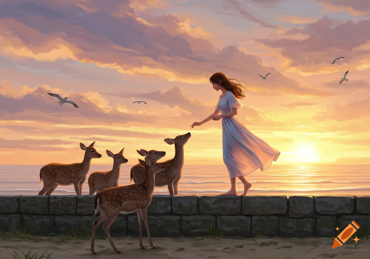 A serene digital painting of a woman in a white dress standing on a stone wall, feeding a group of deer at a beach during a vibrant sunset.