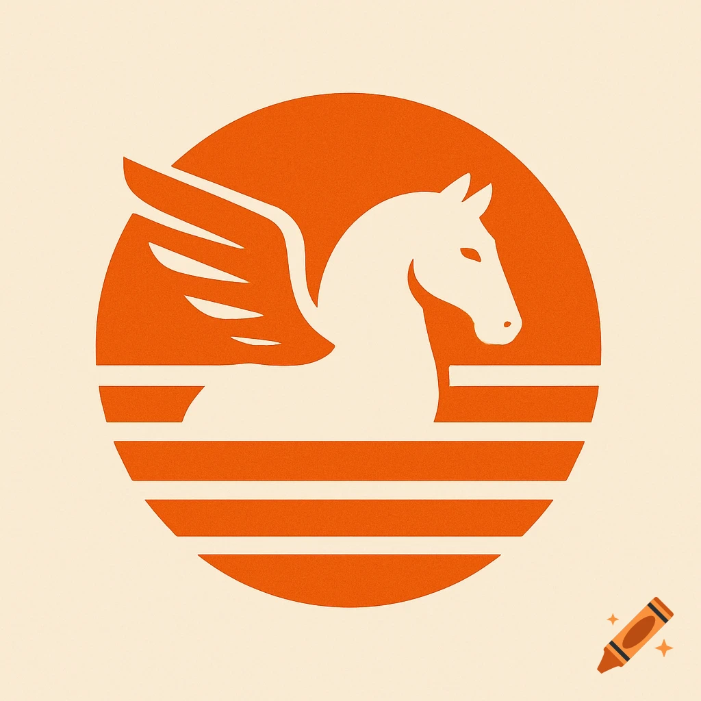 A minimalist orange logo of a winged Pegasus in profile, set against horizontal stripes within a circular design.