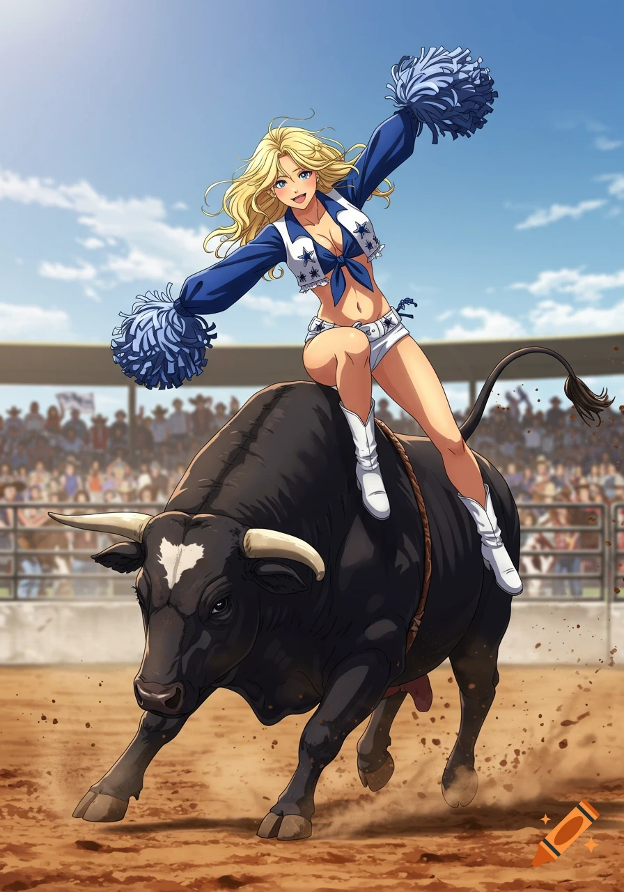 Anime-style blonde Dallas Cowboys cheerleader in a blue and white outfit riding a bucking bull in a rodeo arena.